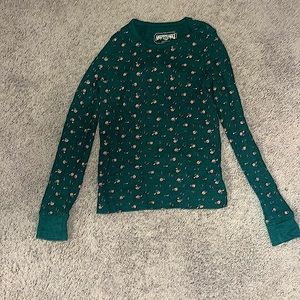 American Eagle: Dark Green Floral Long Sleeve Shirt